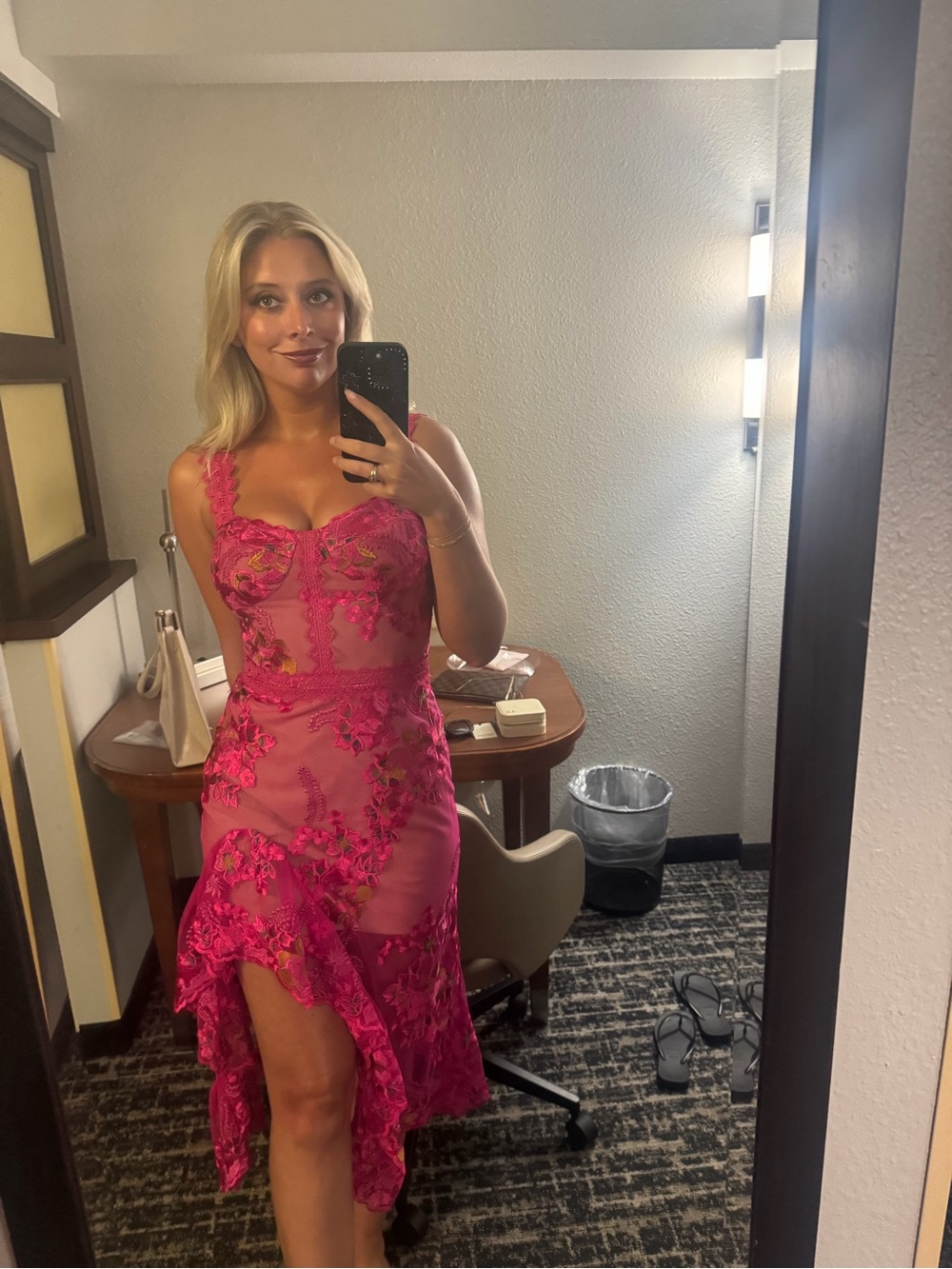 Bronx and Banco Pink Lace Asymmetrical Dress